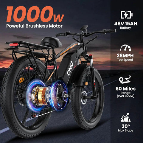 Fat Tire Electric Beast Bike With 1500W Peak Motor 48V 15Ah Battery on a road showing specs like 1000W motor, 28 MPH speed