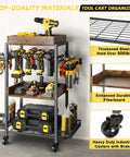 Power Tool Organizer Rolling Cart For Garage Storage And Workshop Organization Tool Rack And Drill Holder Shelving On Wheels Open Tool Chest Pegboard System Ideal Dad Gift For DIY Enthusiasts showing detailed shelving and tools.