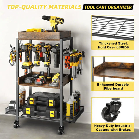 Power Tool Organizer Rolling Cart For Garage Storage And Workshop Organization Tool Rack And Drill Holder Shelving On Wheels Open Tool Chest Pegboard System Ideal Dad Gift For DIY Enthusiasts showing detailed shelving and tools.
