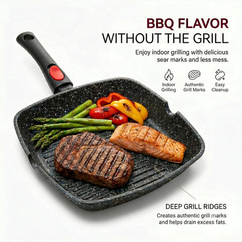 Square Indoor Grill Pan With Removable Handle For Even Heating Meat And Veggies, steak and salmon grilling, 11 Inch Nonstick Griddle Skillet