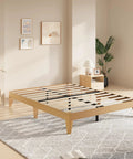 Queen Wood Platform Bed Frame With Solid Wooden Legs And Heavy Duty Slat Support For A Room Refresh in a light-colored modern bedroom.