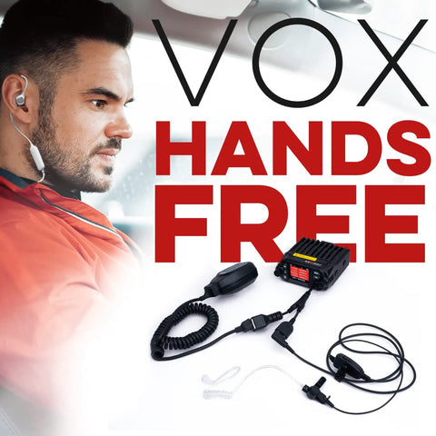 Man using UV-25X2 Second Gen Mini 25 Watt Dual Band Base Station Radio for VHF UHF Ham Operators with hands-free accessories