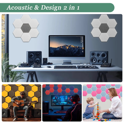 High Density Hexagon Acoustic Panels Peel And Stick Sound Blocking Wall Tiles Awesome For Home Practice Studios Podcast Rooms Music Tracks And Relaxed Vibes Black 12 Piece Room Decor Cover in various settings