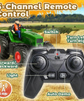 Remote Control Tractor Toy Set With Dump Trailer LED Lights Dual Rechargeable Batteries 2 4 GHz Controller And Farm Accessories Cow Sheep Hay Bales Fences For Kids Aged 3 4 5 6 7 8 with controller in field