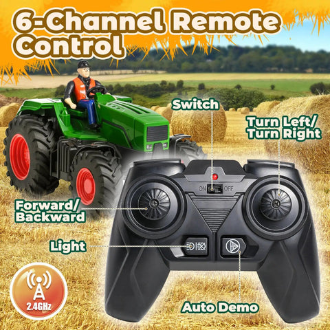 Remote Control Tractor Toy Set With Dump Trailer LED Lights Dual Rechargeable Batteries 2 4 GHz Controller And Farm Accessories Cow Sheep Hay Bales Fences For Kids Aged 3 4 5 6 7 8 with controller in field