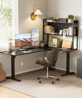 63 Inch L Shaped Electric Standing Desk With Reversible Corner Layout And Hutch Height Adjustable Sit Stand Ergonomic Workstation For Home Office Spacious Large Lift Table Black in cozy home office setup.