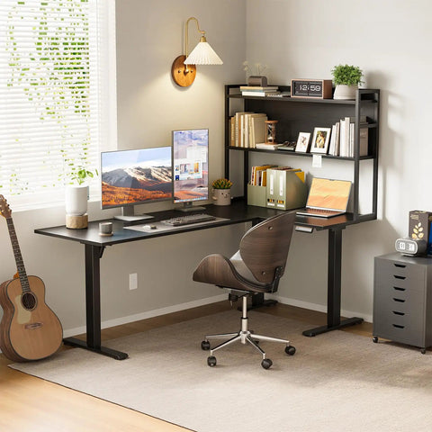 63 Inch L Shaped Electric Standing Desk With Reversible Corner Layout And Hutch Height Adjustable Sit Stand Ergonomic Workstation For Home Office Spacious Large Lift Table Black in cozy home office setup.