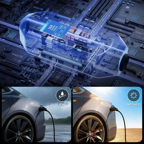 Detailed view of Ready To Roll Tesla Charger And Electric Vehicle Wall Plate Level 1 And 2 Portable Ev Plug 5 Meter Wire 16 Amp 3.6Kw in use.