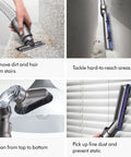Dyson Ball Animal upright vacuum cleaner with self-adjusting cleaner head removes dirt on stairs.
Dyson Ball Animal upright vacuum with slim cleaner head tackles hard-to-reach areas along wall.
Dyson vacuum attachment with brush cleans a lampshade from top to bottom.
Dyson vacuum head cleans vertical blinds, picking up dust and preventing static.