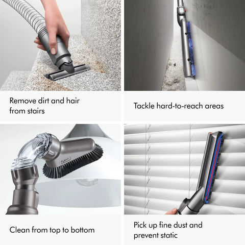 Dyson Ball Animal upright vacuum cleaner with self-adjusting cleaner head removes dirt on stairs.
Dyson Ball Animal upright vacuum with slim cleaner head tackles hard-to-reach areas along wall.
Dyson vacuum attachment with brush cleans a lampshade from top to bottom.
Dyson vacuum head cleans vertical blinds, picking up dust and preventing static.