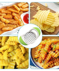 Aoserge handheld potato fries cutter with stainless grid blade; white/green handle for slicing potatoes, cucumbers.