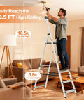 Beefed Up 6 Step Aluminum Folding Ladder With Wide Flared Base, Portable Compact Step Stool, Supports Up To 330 Lbs, Great For Home Garage DIY Projects And Heights, man cleaning ceiling light in living room