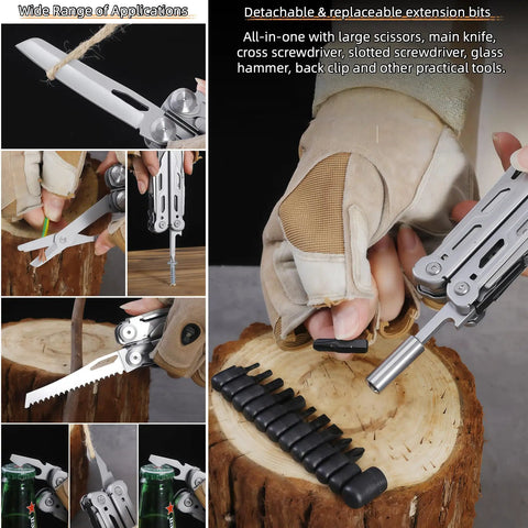 All In One Multitool Pliers With Replaceable Wire Cutters And Glass Hammer Premium Steel Construction Wood Saw Scissors And File
