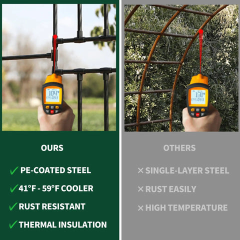 Comparison of temperature readings on a rust-resistant PE-coated steel garden arch trellis next to a rusted metal archway.