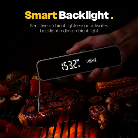 Lightning Fast Instant Read Meat Thermometer 0.3S Digital Food Thermometer showing 153.2°F on steak with smart backlight feature