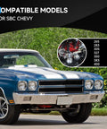 Upgrade Your SB Chevy Small Block With This Badass Long Water Pump And 3 Groove Crankshaft Pulley Kit Perfect For 265 283 305 327 350 383 And 400 Engines Durable Aluminum Build Gets You Ready To Run All Summer. SBC Chevy classic car front view