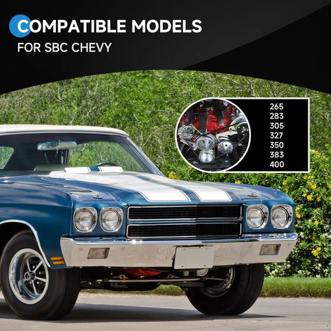 Upgrade Your SB Chevy Small Block With This Badass Long Water Pump And 3 Groove Crankshaft Pulley Kit Perfect For 265 283 305 327 350 383 And 400 Engines Durable Aluminum Build Gets You Ready To Run All Summer. SBC Chevy classic car front view