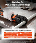 Hand using VEVOR 18V Cordless Electric PEX Pipe Press Crimping Tool on PEX pipe, features 24KN force, ASTM F1807 compliant.