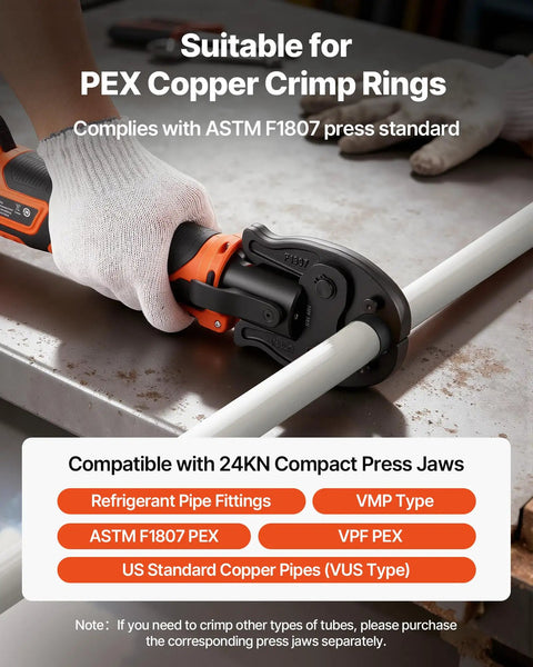 Hand using VEVOR 18V Cordless Electric PEX Pipe Press Crimping Tool on PEX pipe, features 24KN force, ASTM F1807 compliant.