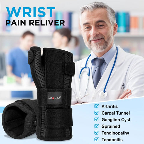 Carpal Tunnel Night Wrist Brace With Adjustable Fit And Four Splints For Arthritis Tendonitis Sprains Injuries And Postoperative Recovery showcased by a doctor.