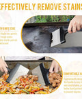 Person using Heavy Duty Stainless Steel Griddle Scraper with Five Inch Handle for outdoor grill and flat top cleaning.