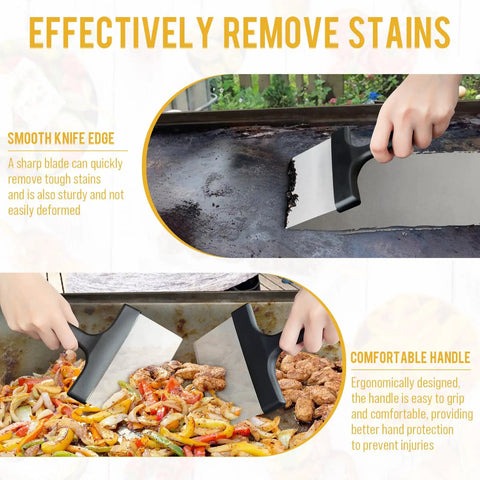 Person using Heavy Duty Stainless Steel Griddle Scraper with Five Inch Handle for outdoor grill and flat top cleaning.