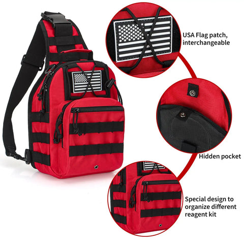 Red Tactical Medical Sling Backpack For EMS Emergency Supplies With MOLLE System featuring USA flag patch and hidden pocket