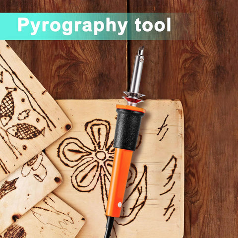 Front view of Honoson electric hot knife tool with orange handle and metal tip on a wooden pyrography board