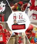 Lockout tagout locks used on various machinery and panels, highlighting their application and safety features.