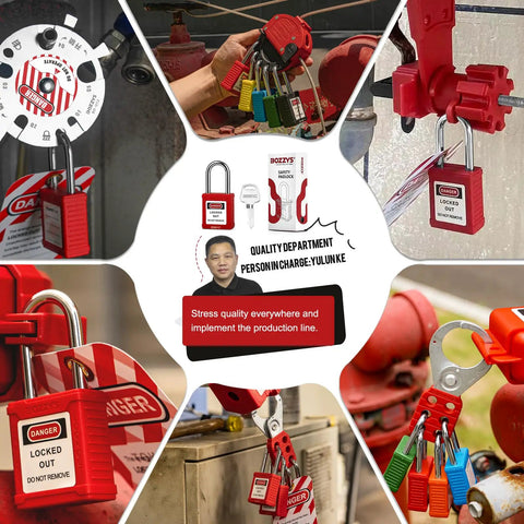 Lockout tagout locks used on various machinery and panels, highlighting their application and safety features.