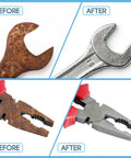 Before and after images of rust removal from a wrench and pliers using 2 Inch Flap Disc Sanding Set With 48 Assorted Grit Discs.