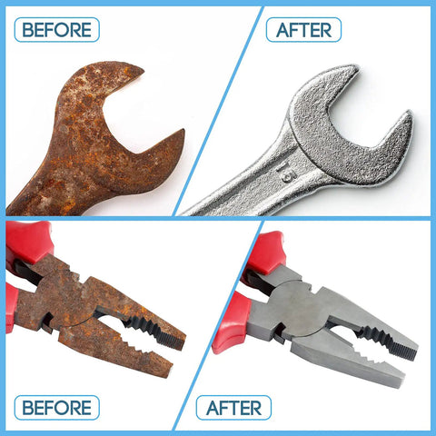 Before and after images of rust removal from a wrench and pliers using 2 Inch Flap Disc Sanding Set With 48 Assorted Grit Discs.