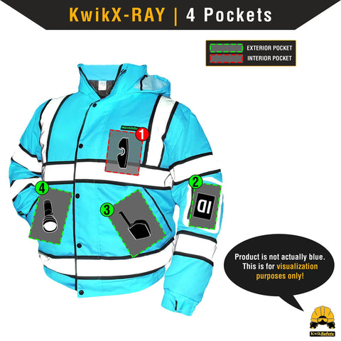 Bomber Hi Viz Safety Jacket For Men With Class 3 Water Resistance ANSI OSHA Approved Multi Use Rugged Work Gear In Yellow 2XL Large Front Pockets Clear ID Arm Pocket Interior Chest Pocket Foldaway Hood with pocket visualization
