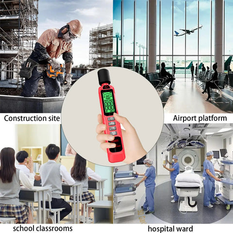Real Talk Noise Meter For Home, Workshop And Studio Use With 30 To 130 dB Range, A Weighted Sound Profile, Clear LCD Backlit Display, Max Min Data Retention, Auto Power Off, 1.5 dB Accuracy, Super Easy Read, And User Friendly in red handheld view