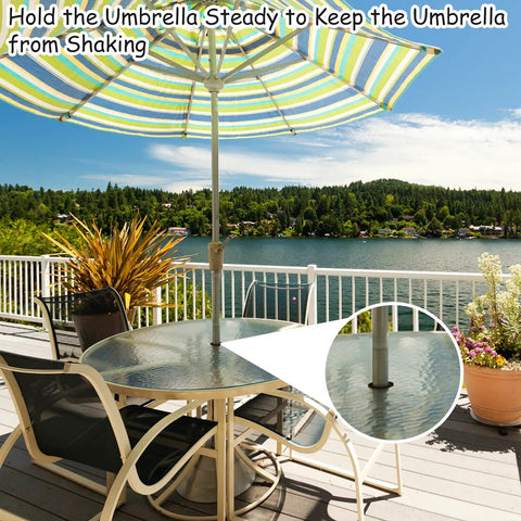 Two-Piece Patio Table Umbrella Hole Ring Plug Kit, Silicone Sleeve Stabilizer Cone Wedge in use on a patio table.
