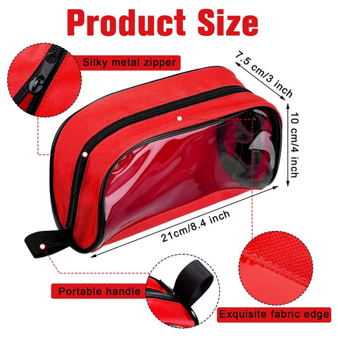 Red first aid bag with transparent window, zip closure and carry handle; portable medical organizer for home or travel.