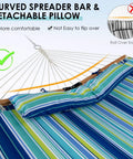 10.5Ft Double Hammock With Curved Spreader Bars For Two People, Heavy Duty Outdoor Hammock With Detachable Pillow, Blue Green Color
