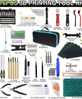 Ultimate 176 Piece Pro Grade 3D Printing Tool Kit with various tools including digital caliper and cleaning kit displayed.