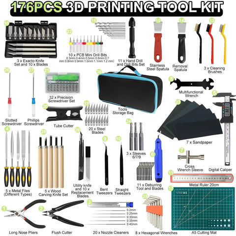Ultimate 176 Piece Pro Grade 3D Printing Tool Kit with various tools including digital caliper and cleaning kit displayed.