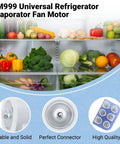 Open refrigerator with vegetables showing SM999 Universal Refrigerator Evaporator Fan Motor components, stable, solid, high quality