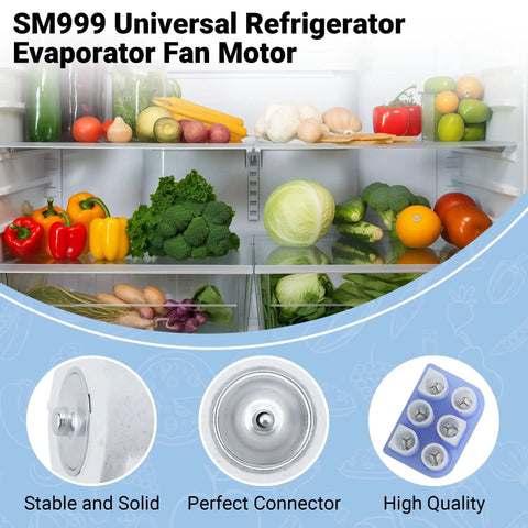 Open refrigerator with vegetables showing SM999 Universal Refrigerator Evaporator Fan Motor components, stable, solid, high quality