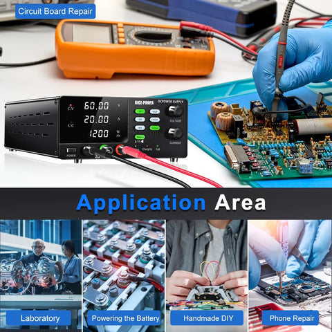 60V 20A DC Power Supply For Battery Charging Beefy Power Bench Regulated Adjustable Switching Supply With OCP Memory Storage Output Switch And Lock Button For Lead Acid Lithium Ion And LiFePO4 Batteries used for circuit board repair