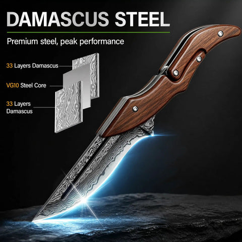 VG10 Damascus Steel Folding Knife With Multi Layer Damascus Blade Workhorse Everyday Carry EDC Pocket Tool For Daily Cutting Smooth V Ground Edge Safe And User Friendly Household Utility, wood handle