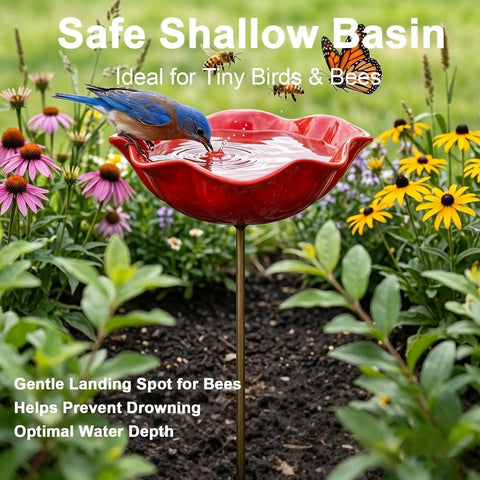 Metal Flower Garden Stake With Bird Bath Bowl Outdoor Pollinator Watering Station For Garden Yard Hummingbird Fountain Butterfly And Bee Water Feeder Decorative Yard Art Gift Set 3 Pack featured in a garden