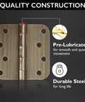 Built Thick Steel Interior Door Hinges Four Inch Antique Brass Finish Three Pack With Removable Pin For Smooth Daily Swinging And No Hassle Residential Installation close-up of pre-lubricated durable steel hinge.
