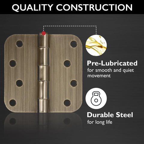 Built Thick Steel Interior Door Hinges Four Inch Antique Brass Finish Three Pack With Removable Pin For Smooth Daily Swinging And No Hassle Residential Installation close-up of pre-lubricated durable steel hinge.