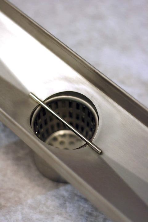 Linear Shower Drain 30 Inch Brick Pattern In Brushed Stainless Steel With Hair Strainer Leveling Feet Threaded Adapter And Sleek Modern Design