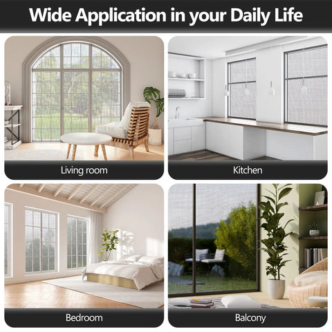Window Screen Repair Kit for Doors and Windows, 48 by 177 Inches, shown in living room, kitchen, bedroom, and balcony applications