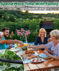 Family enjoying dinner outdoors with Soaker Hose 50 Ft Half Inch Linkable Garden Drip Irrigation System in garden for consistent water flow.