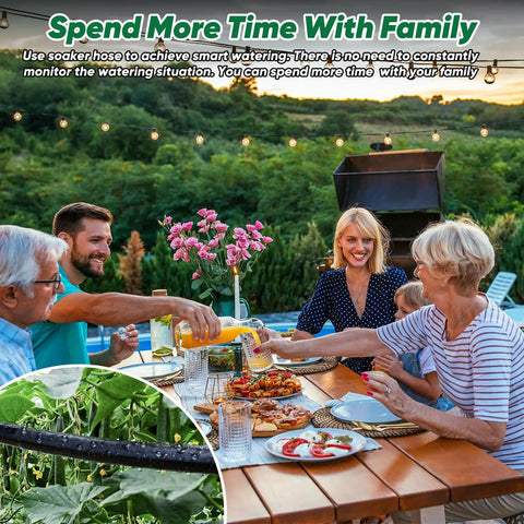 Family enjoying dinner outdoors with Soaker Hose 50 Ft Half Inch Linkable Garden Drip Irrigation System in garden for consistent water flow.